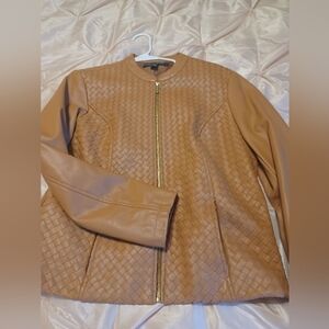 Camel Woven Leather Jacket By Colleen Lopez. Medium.